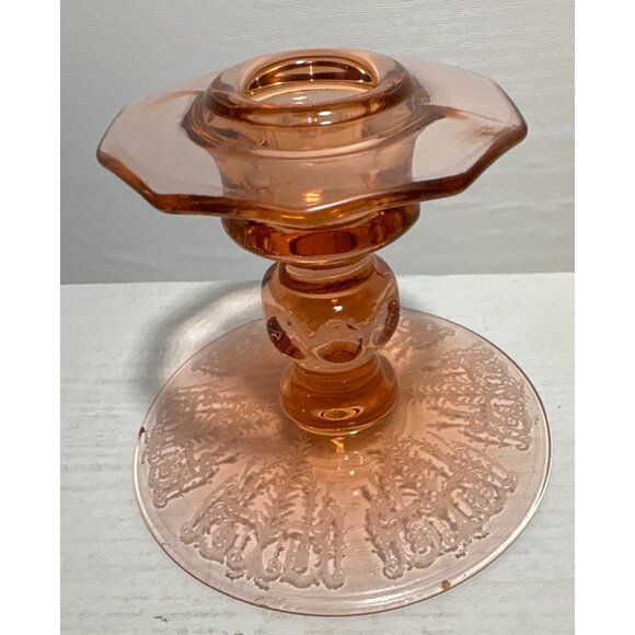 Vtg Pink Depression Glass Candle Holder 4" Tall Etched Design Detail Dual Ended - Picture 5 of 11